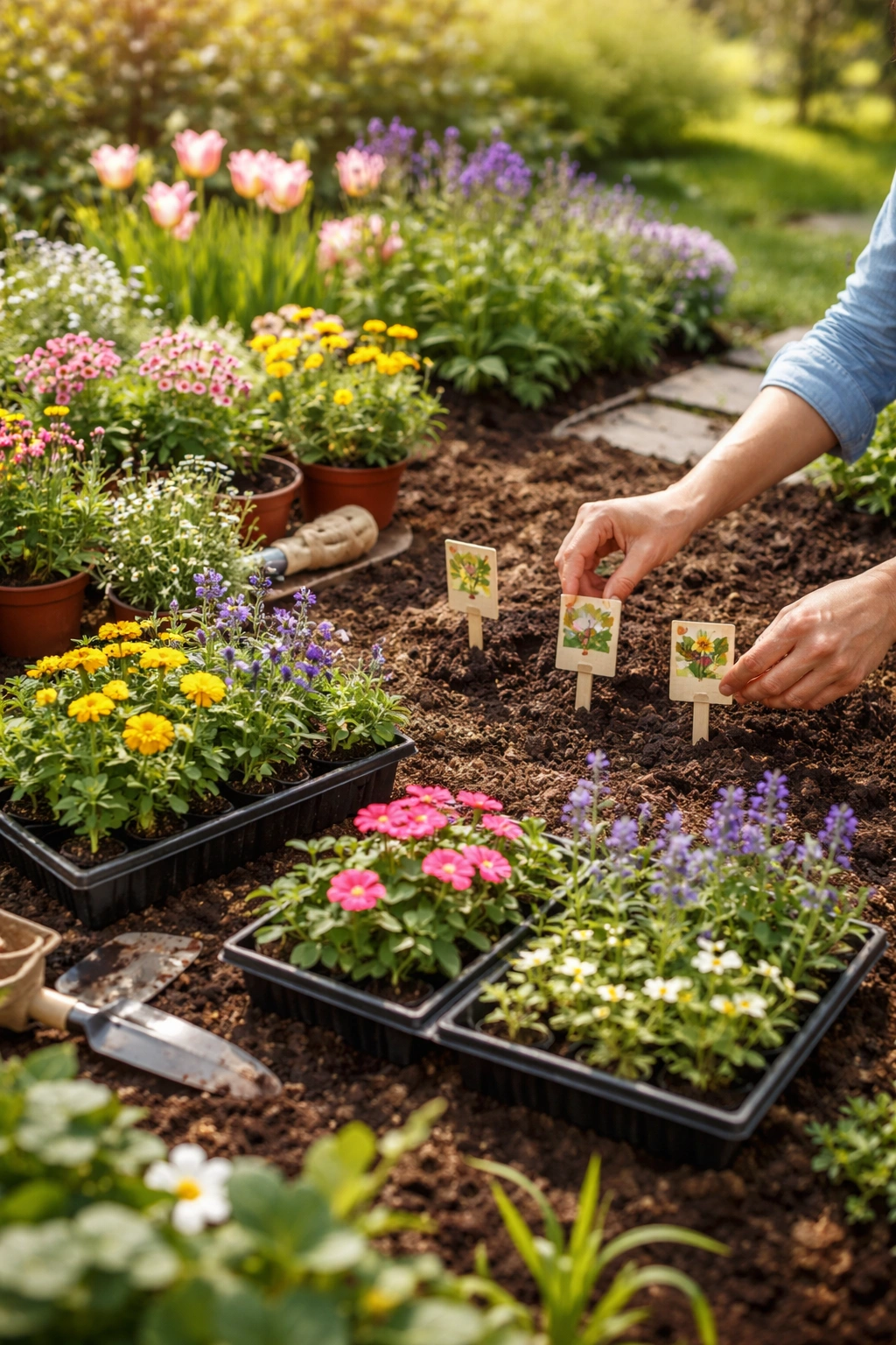Hands planning a spring garden on a sunlit bed with plant markers and trays, no visible writing.