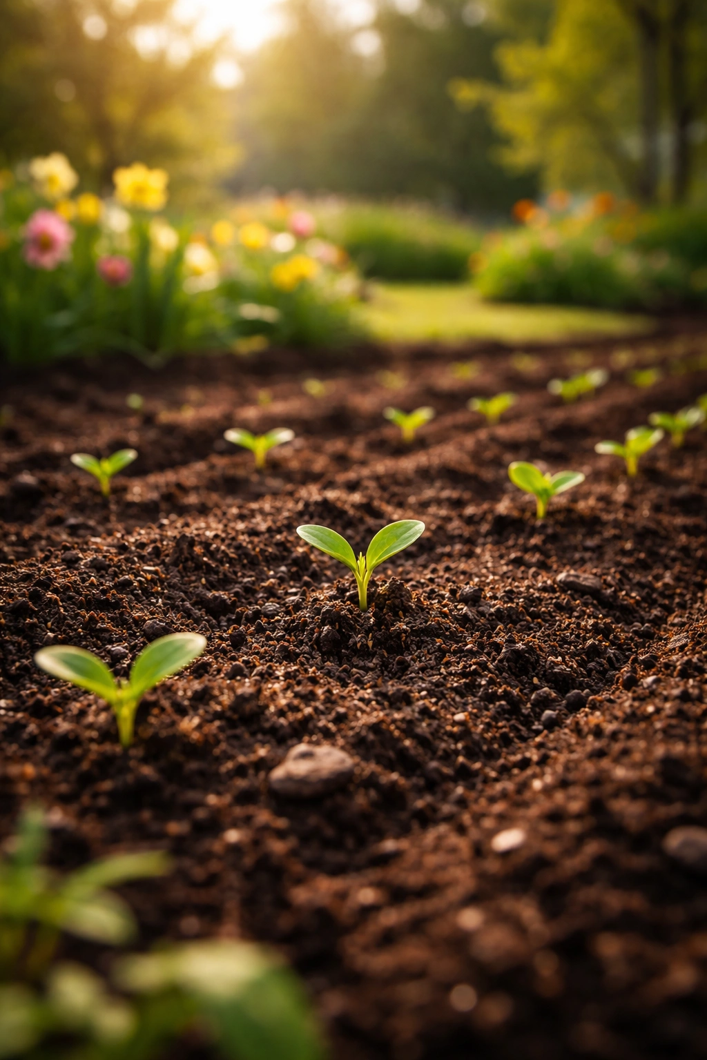 Close-up of spring garden soil with young sprouts emerging