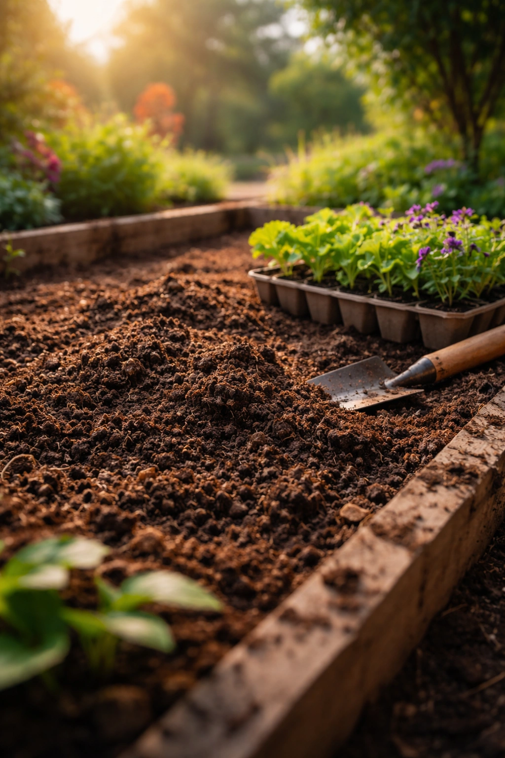 Soil bed prepared with compost for spring planting