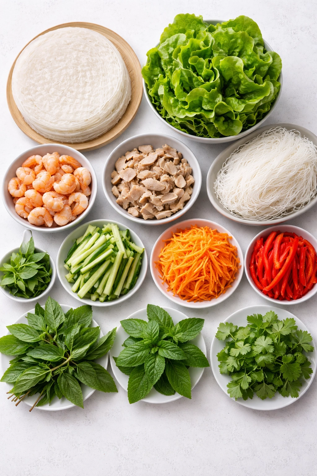 Assorted spring roll ingredients arranged on white surface