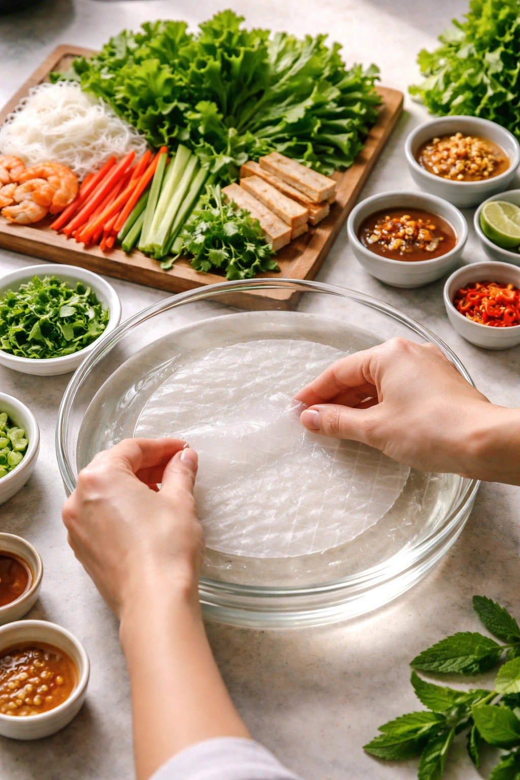 Hands rolling rice paper with warm water and ingredients nearby