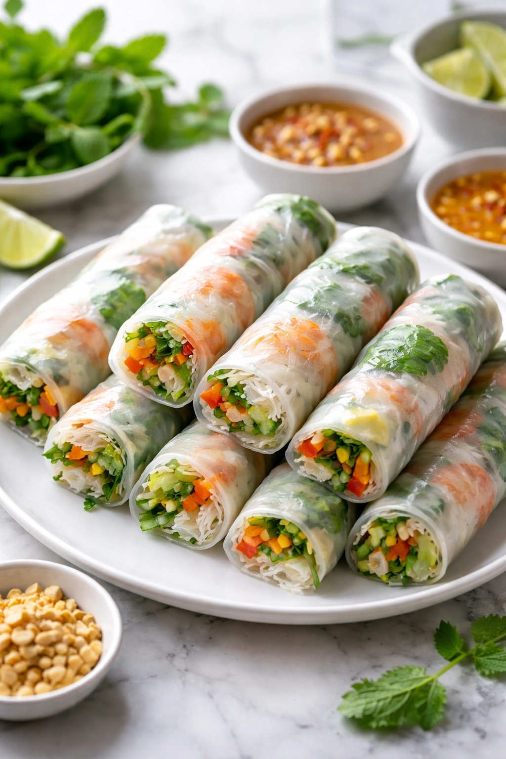 Close-up of fresh homemade spring rolls on a plate with translucent wrappers