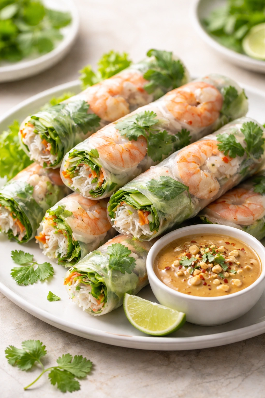 Translucent vietnamese spring rolls with shrimp and herbs on a plate with peanut sauce
