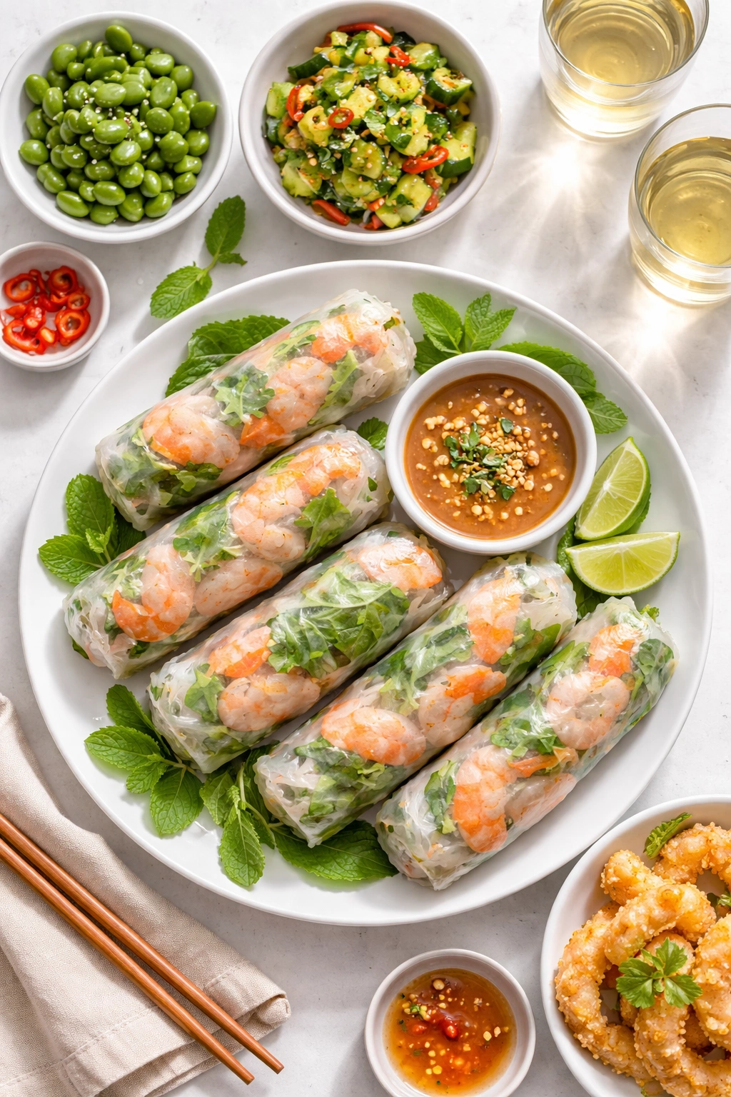 Plate of fresh spring rolls arranged with dipping sauce for serving