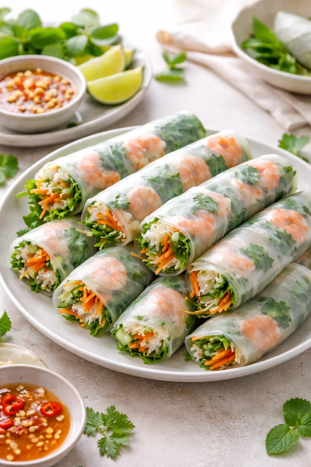 Fresh spring rolls arranged on a plate, ready to serve