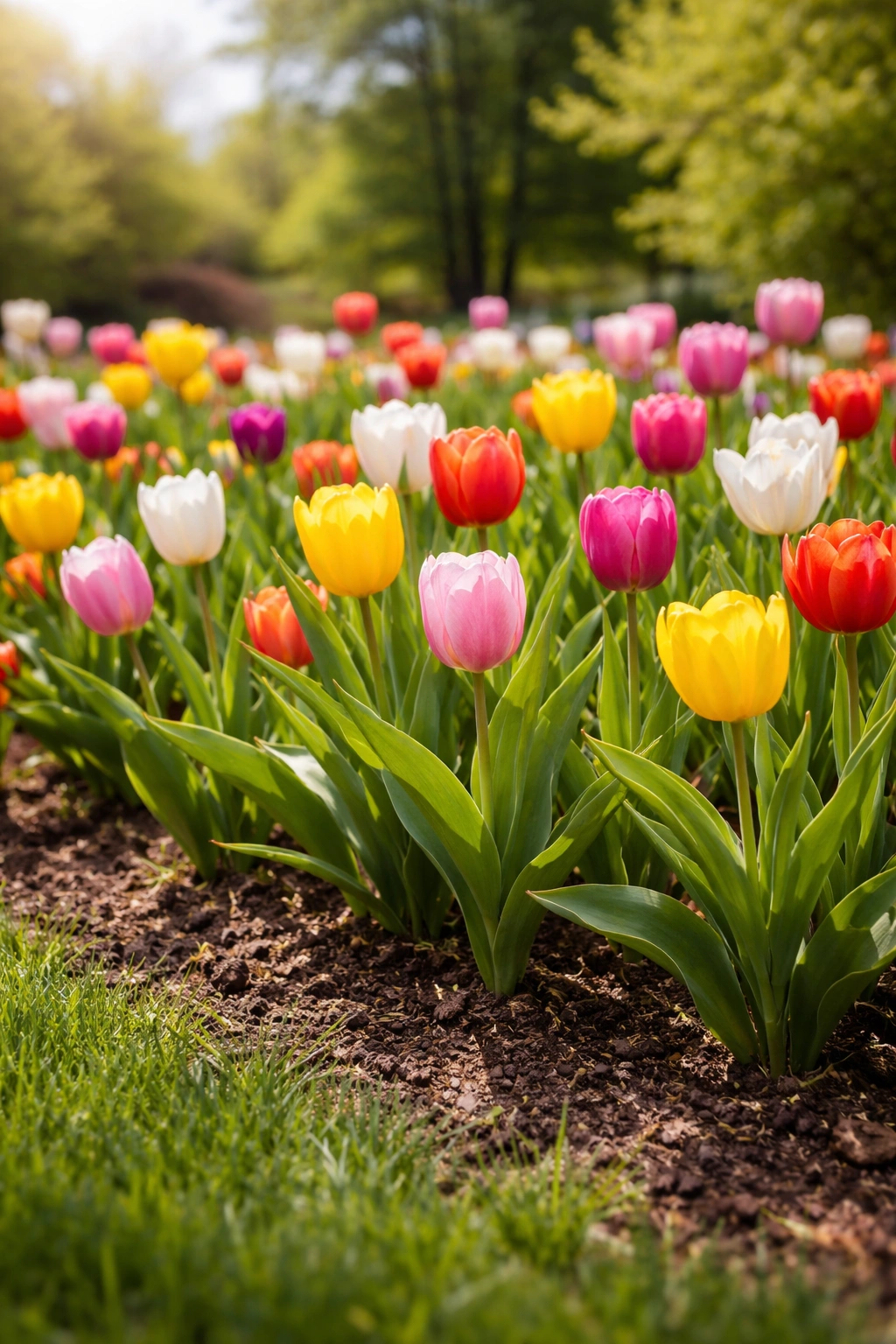 Tulips in a sunny garden bed with vibrant colors