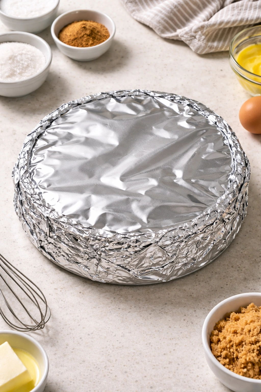 Foil-wrapped springform pan on a kitchen counter, ready for water bath.