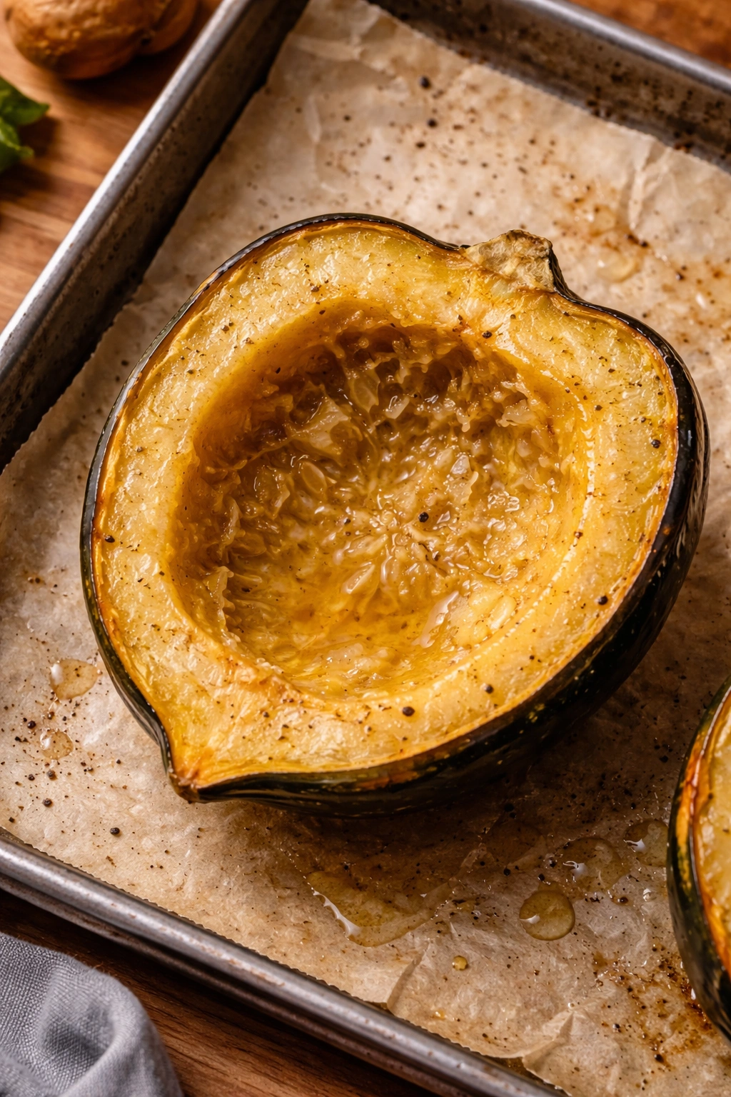 Halved acorn squash showing undercooked texture as a common mistake