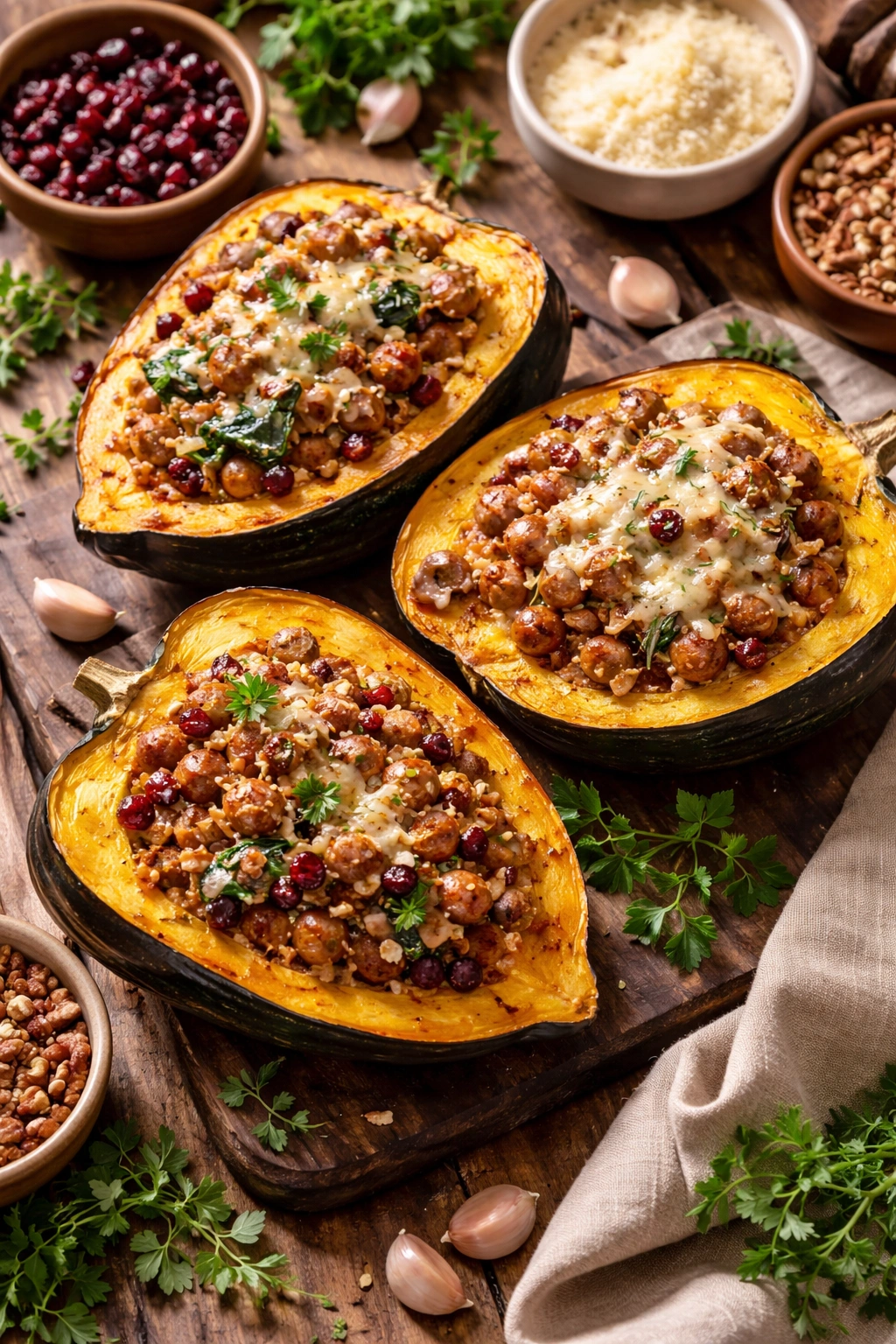 Halved acorn squash with colorful variations in the filling