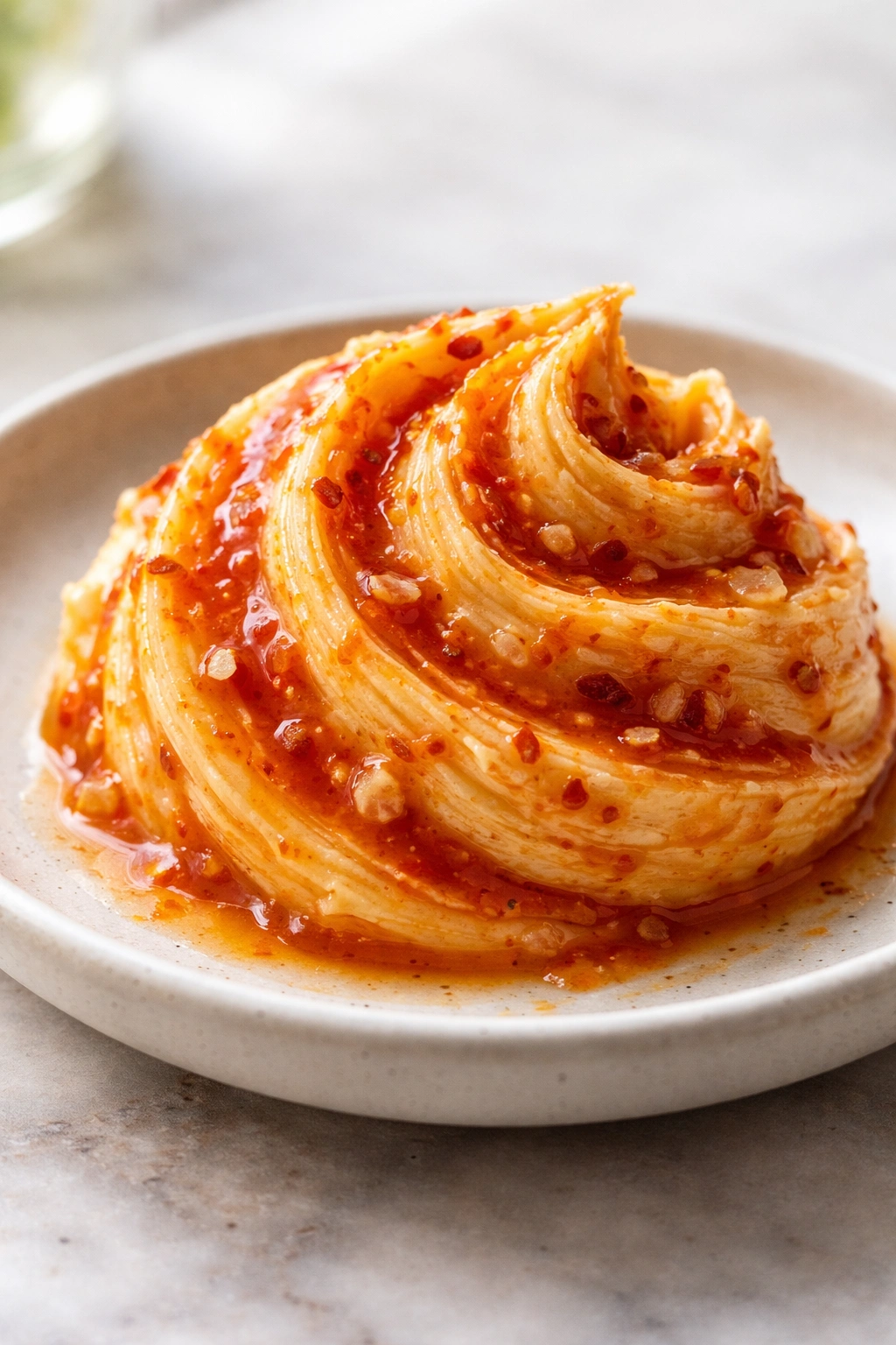 Butter with sriracha swirl on ceramic plate