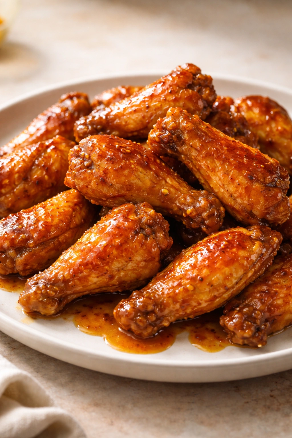 Glossy sriracha honey mustard wings on a minimal plate.