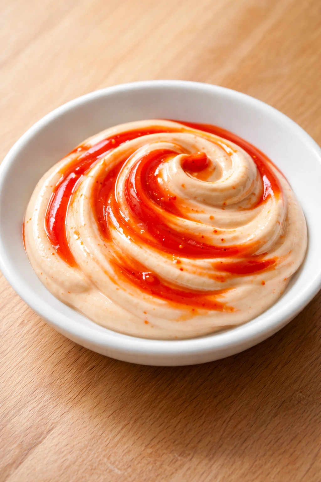 Close-up of creamy mayo with red sriracha swirl on a white plate