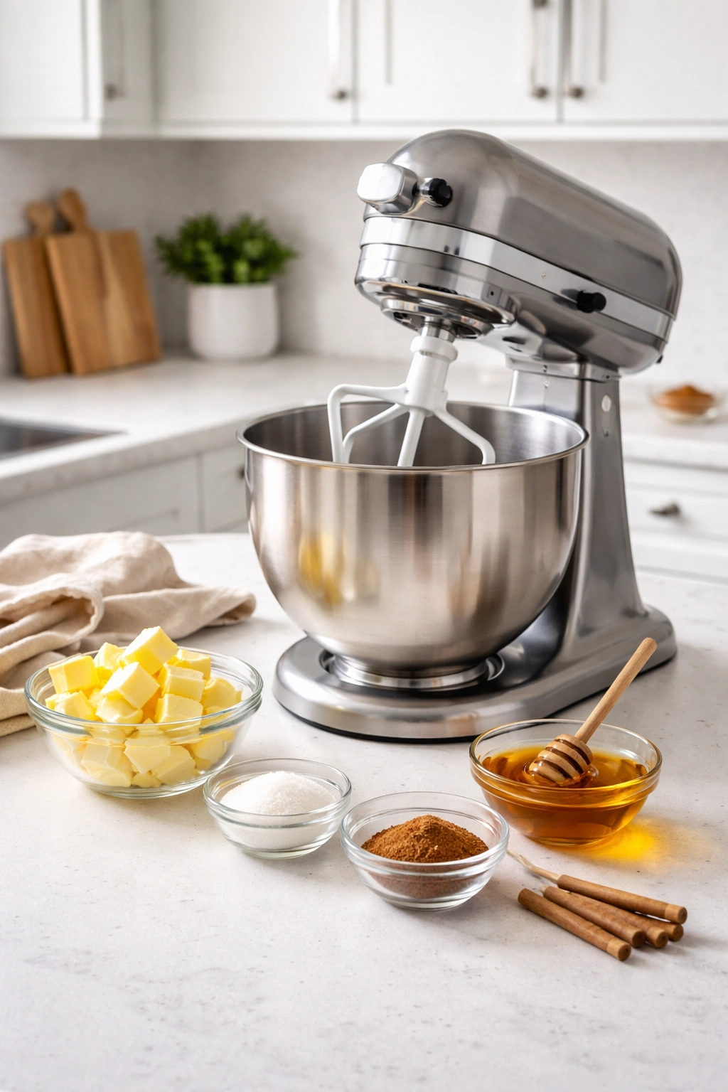 Stand mixer with paddle attachment in a clean kitchen