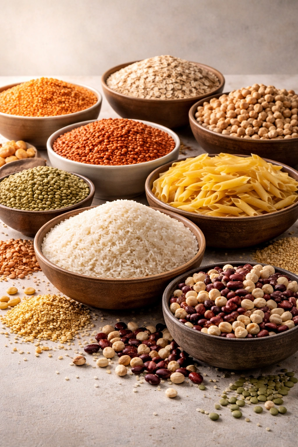 Bowls of rice, pasta, lentils, and beans arranged on a neutral surface for budget bases.