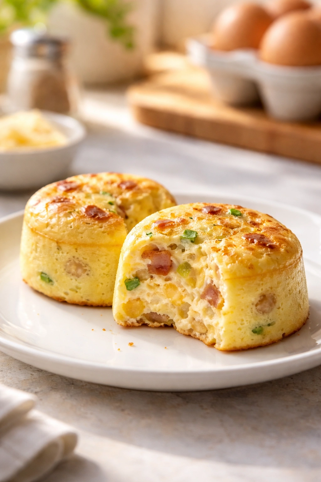 Close-up of two Starbucks Egg Bites on a plate, creamy interior