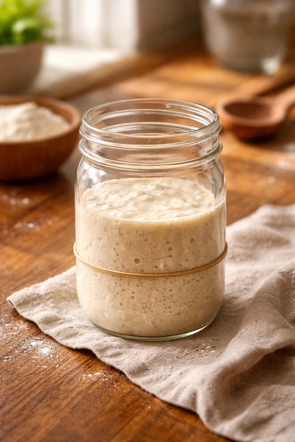 Developing sourdough starter in glass jar on wooden counter