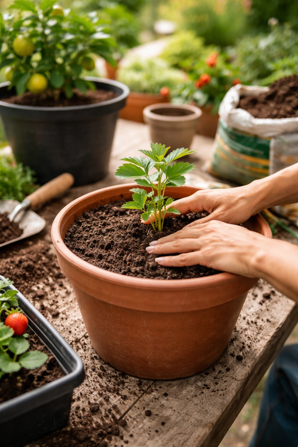 Hands potting a seedling into a large container outdoors