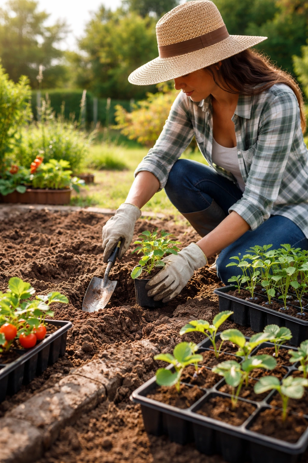 Gardener planning fruit garden with soil prep and seedlings in a sunny yard