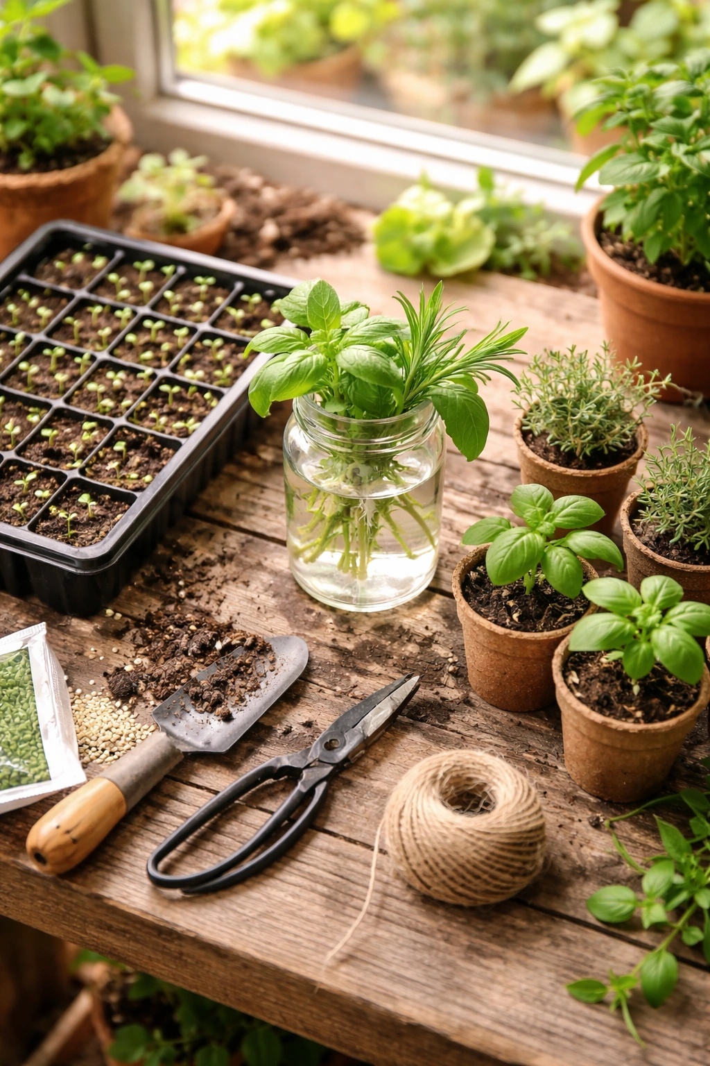 Top-down view of herb propagation with seeds, cuttings, and transplants on a wooden bench