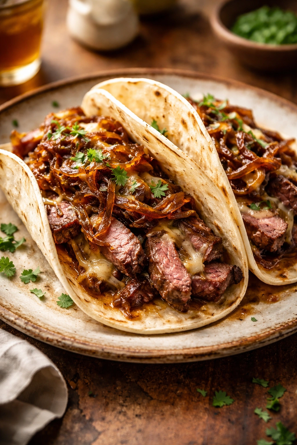 Close-up of breakfast steak and caramelized onion tacos on a plate