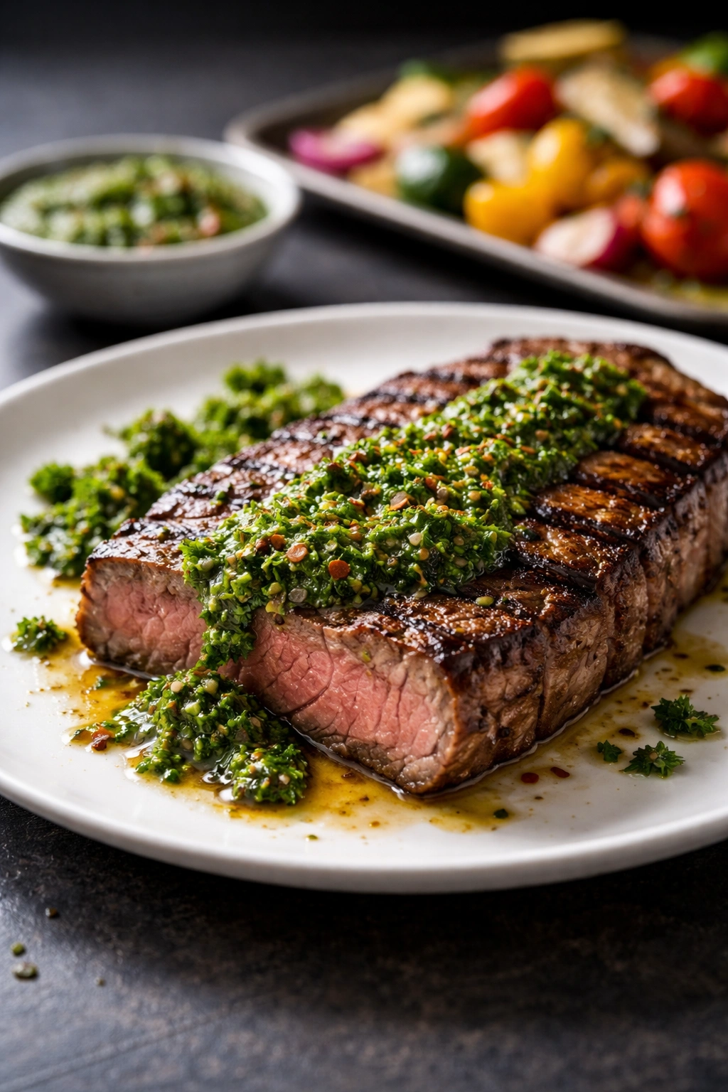 Grilled steak with chimichurri topping on a plate