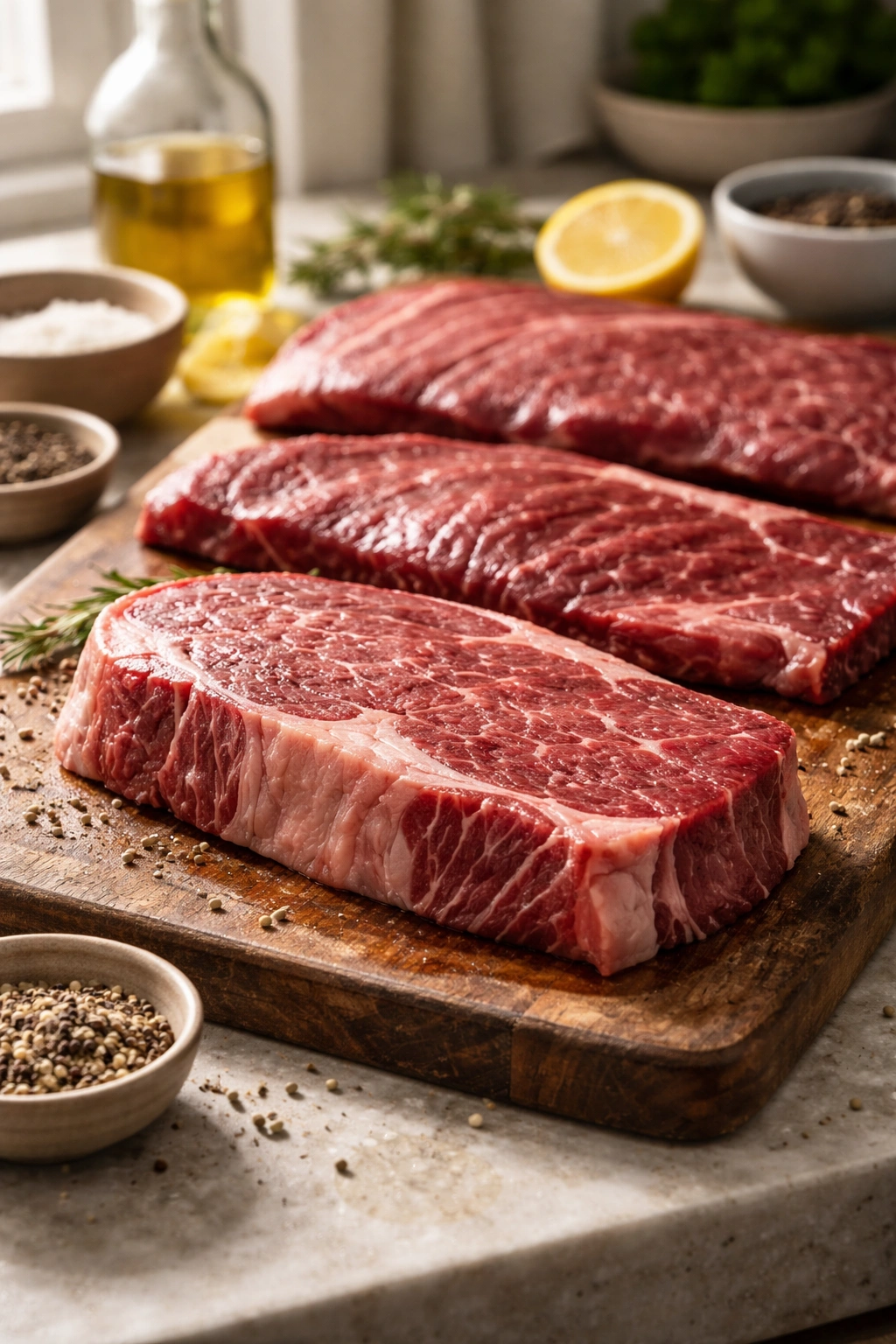 Thick marbled steak cut on wooden board