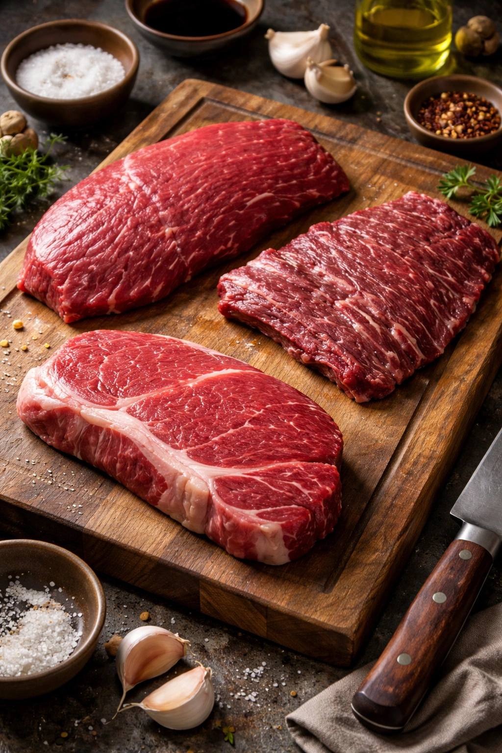 Three steak cuts flank skirt and sirloin on cutting board showing marbling
