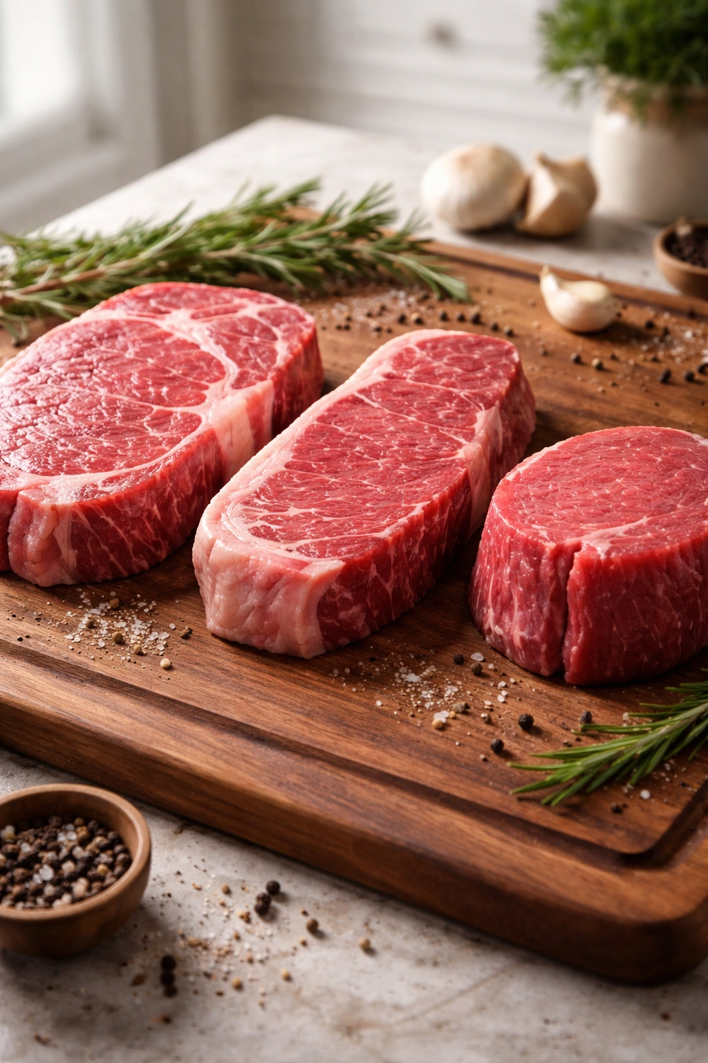 Close-up of marbled steak cuts on a wooden board