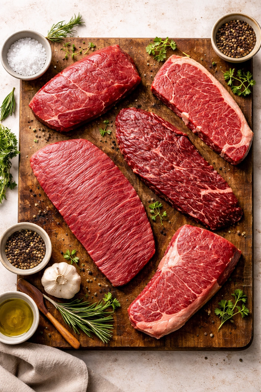 Assortment of steak cuts on a wooden board.