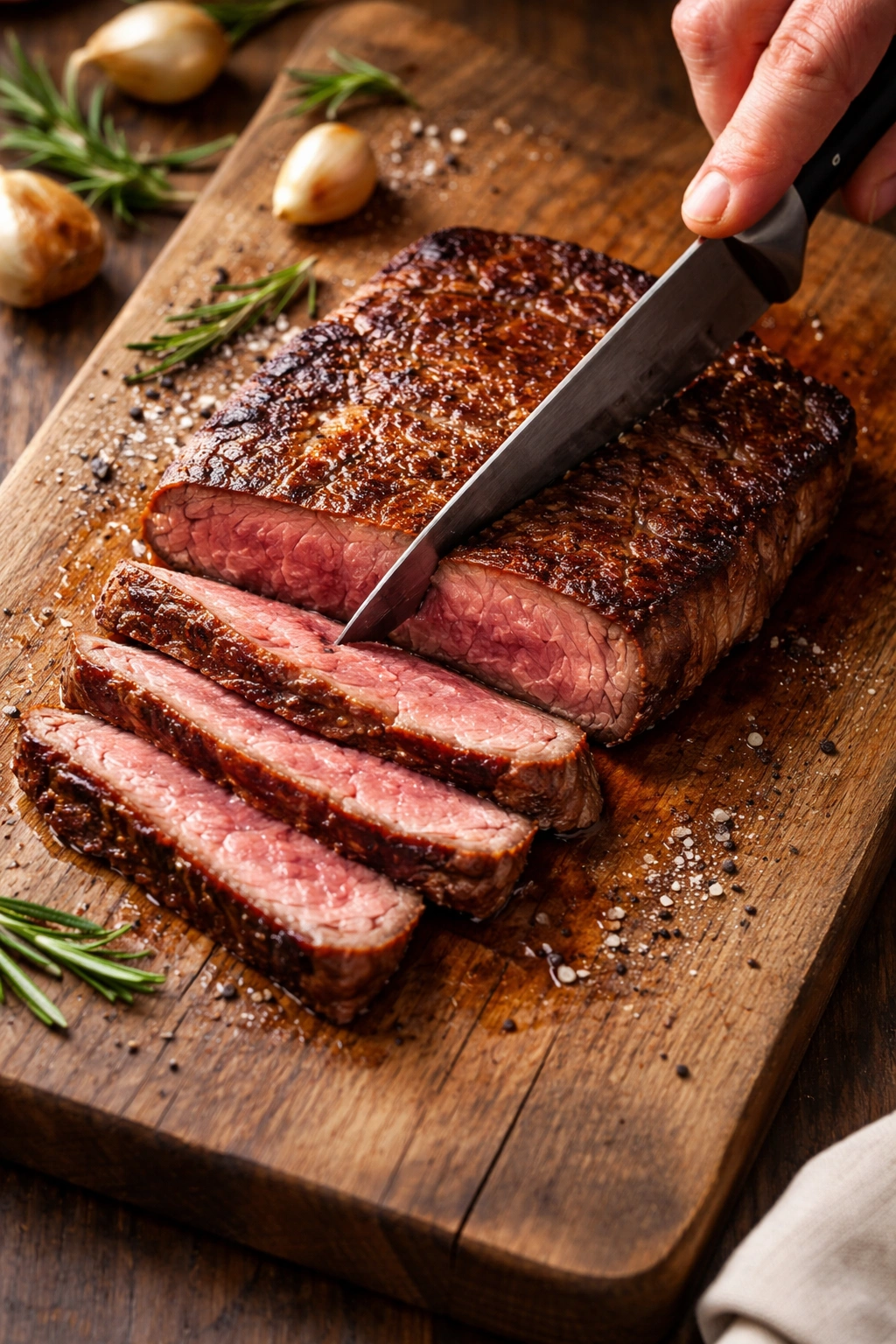 Steak being sliced against the grain on a cutting board