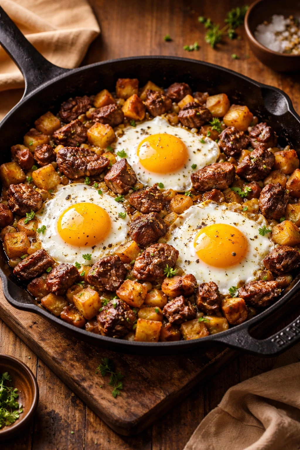 Steak and egg hash with potatoes and beef in a skillet