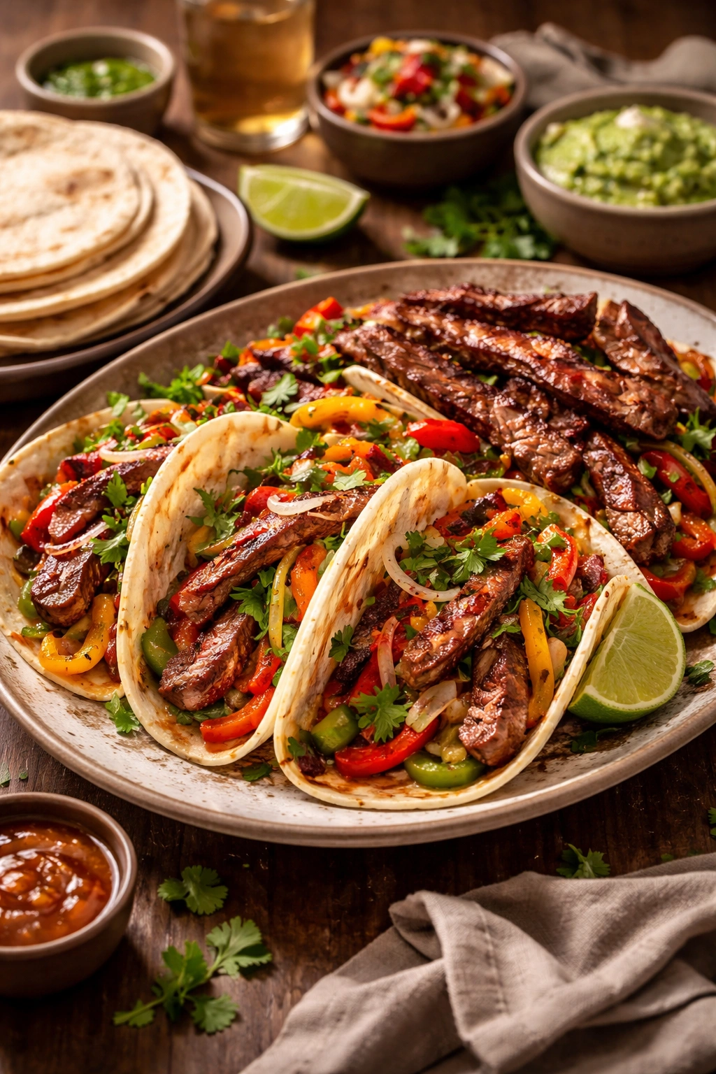 Finished steak fajitas plated with steak, peppers, onions and tortillas