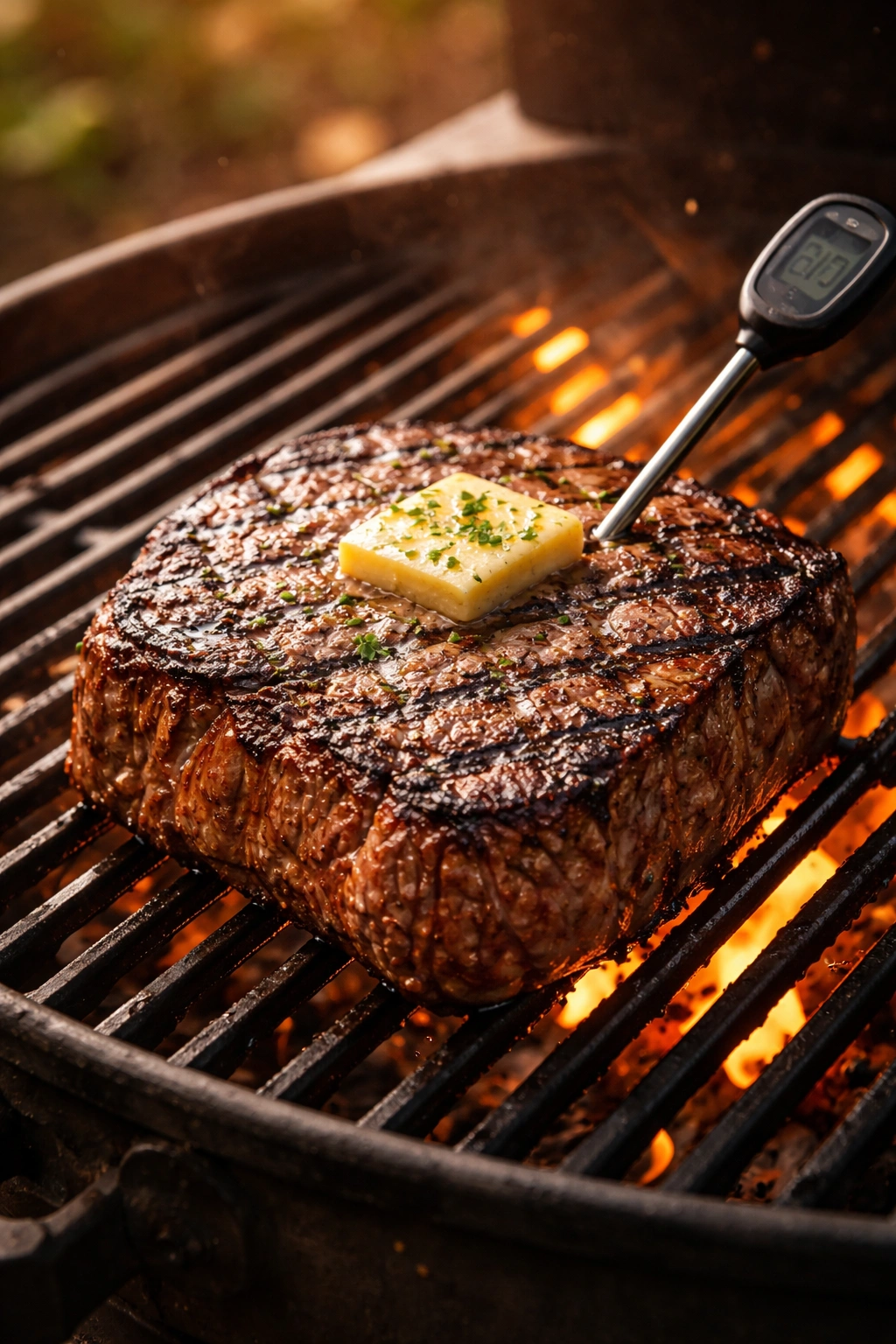Juicy steak on a grill with thermometer and melting butter