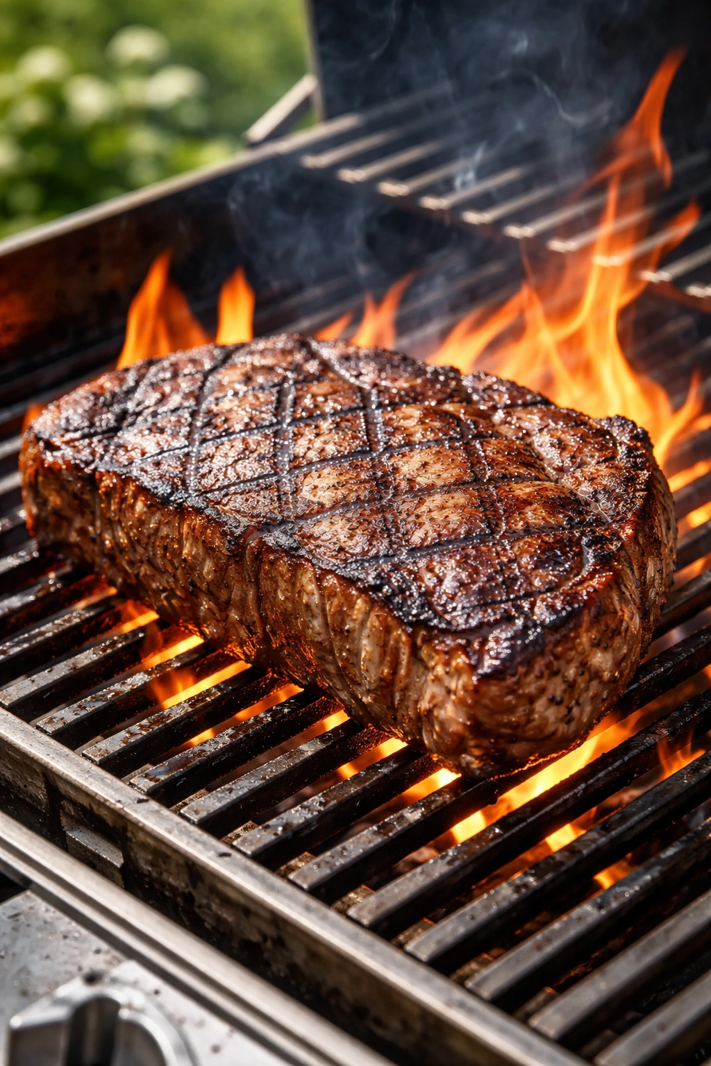 Steak searing on grill with crust and grill marks.