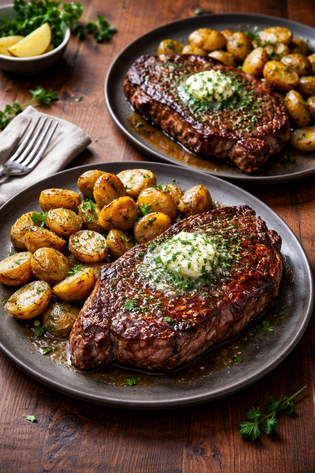 Steaks with herb butter and crispy potatoes on plate