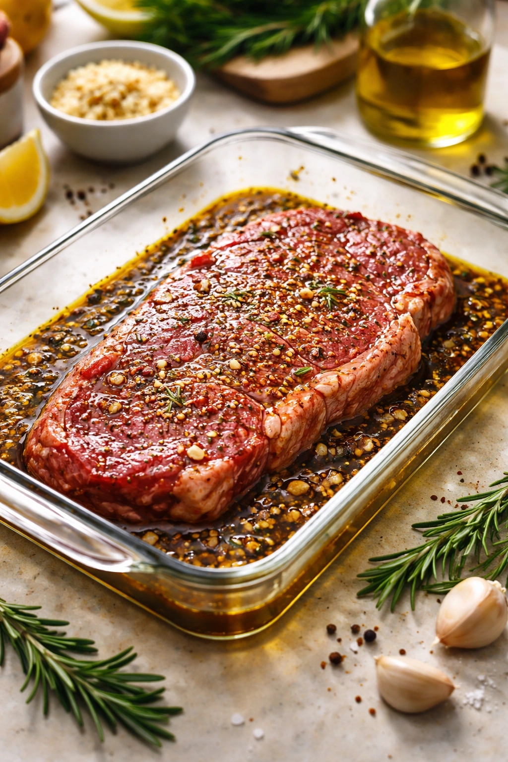 Steak marinating in oil and garlic.