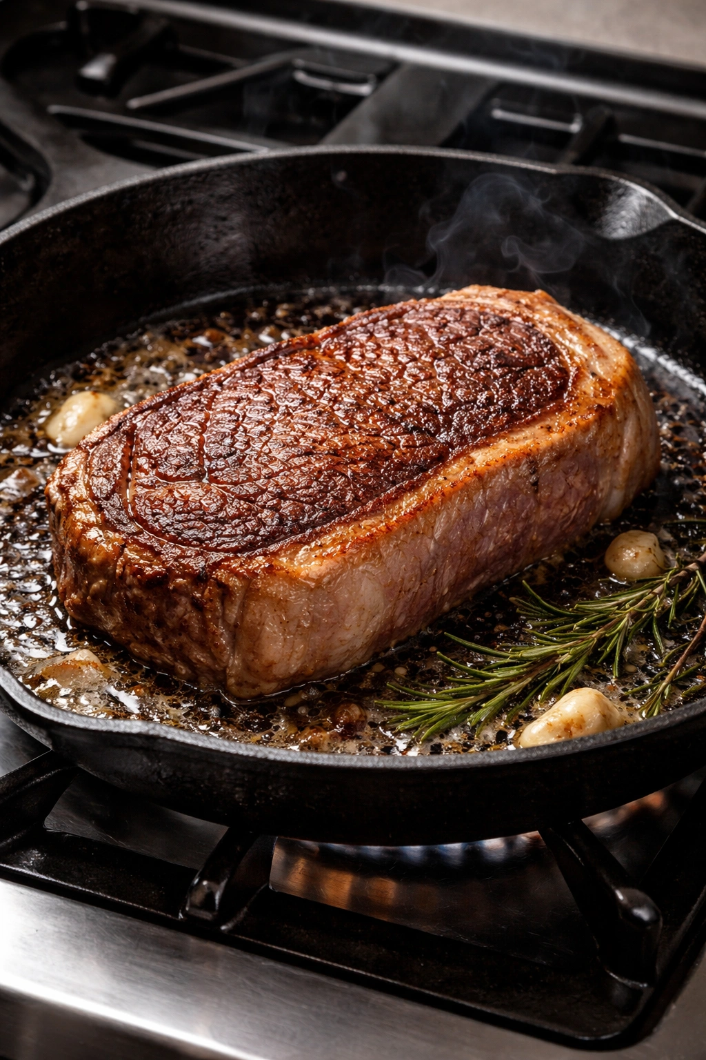 Steak in skillet showing uneven browning to illustrate common mistakes