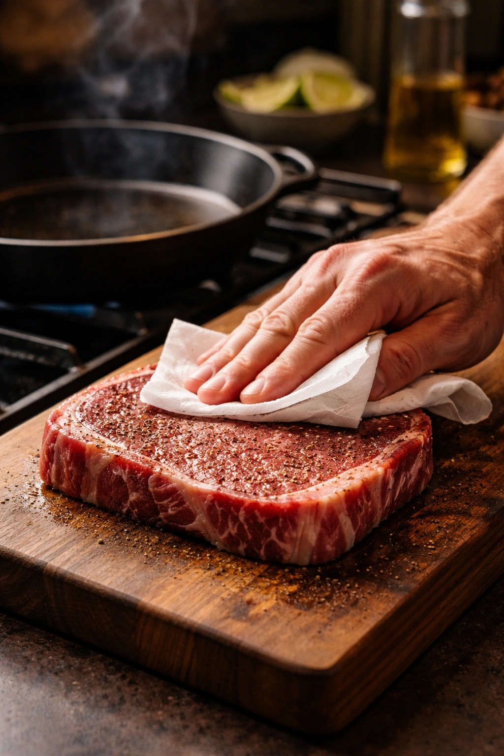 Close-up of a chef patting dry a thick steak on a cutting board beside a cast-iron skillet