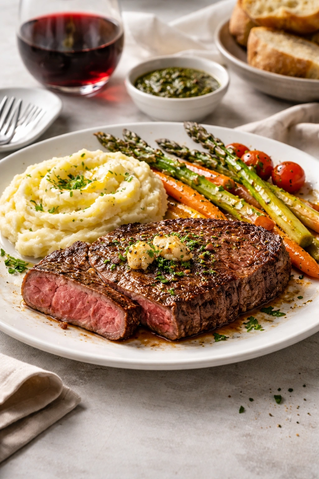 Plated steak with mashed potatoes and vegetables for serving