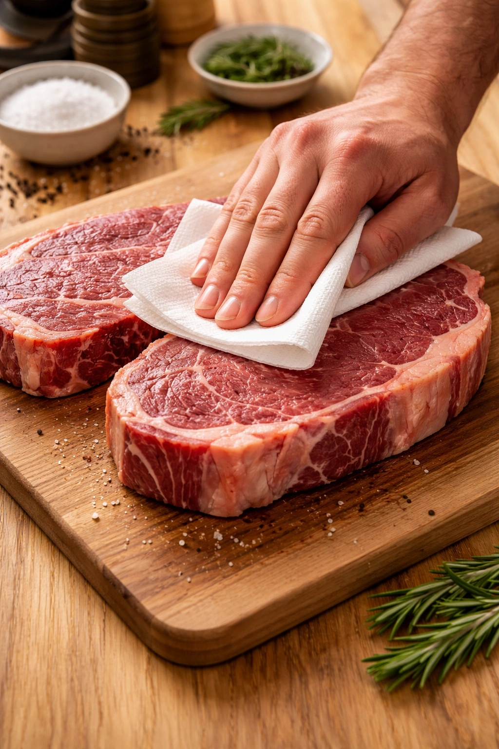 Thick steak being patted dry on a wooden counter with paper towels
