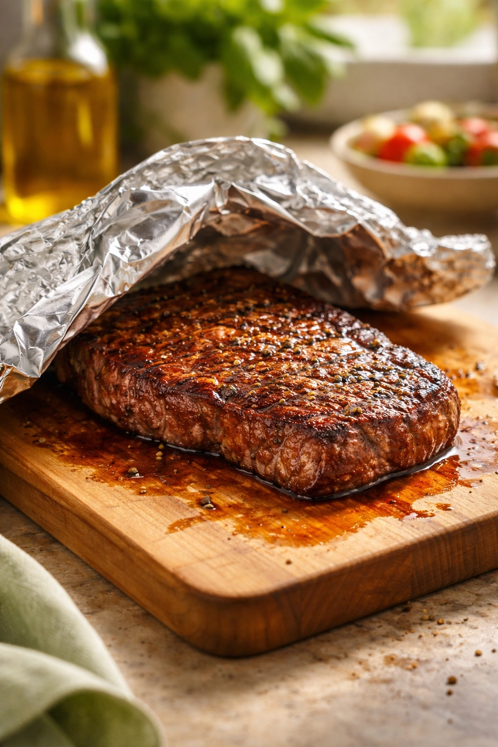 Steak resting on cutting board with foil tent.