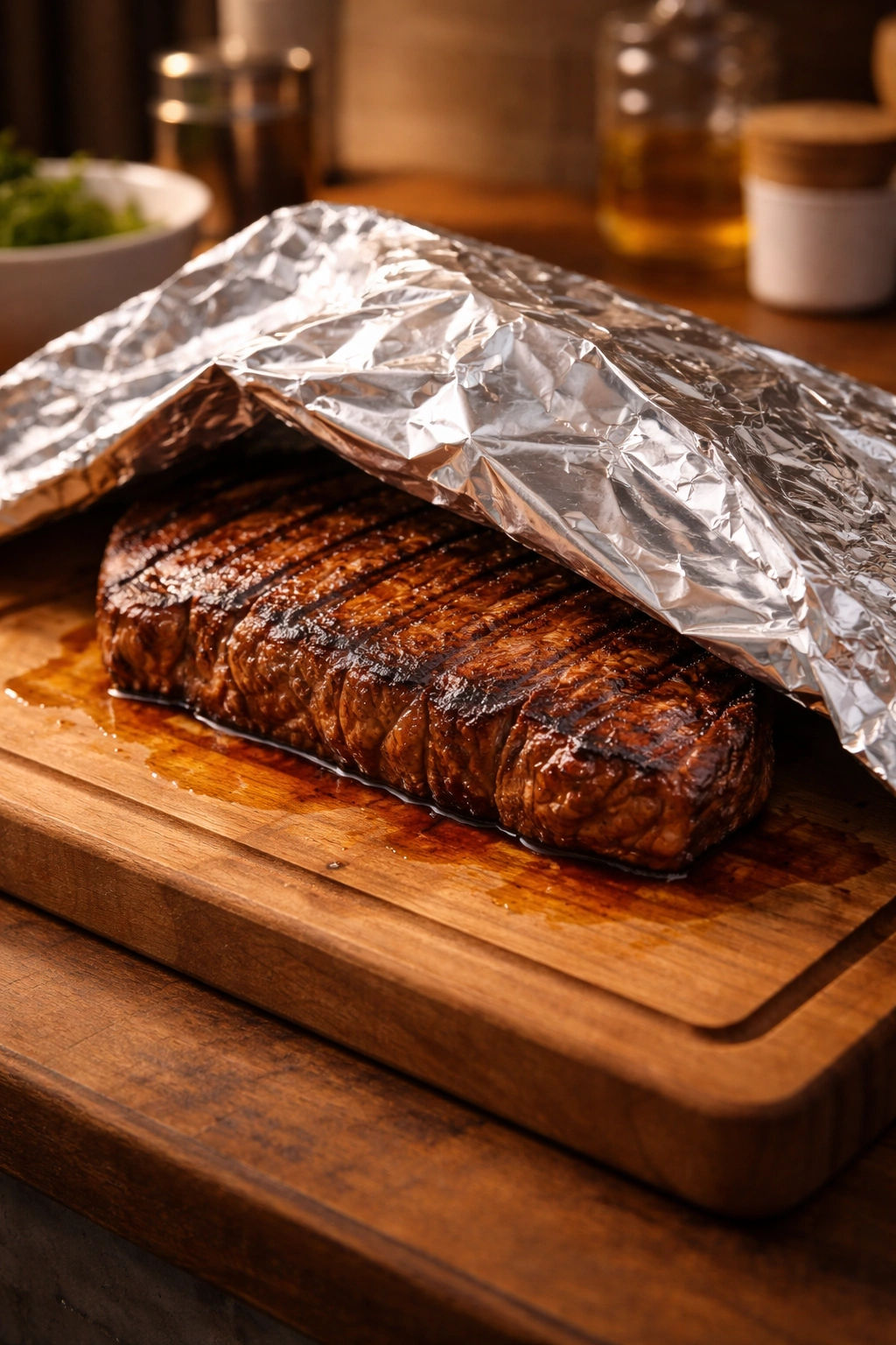 Juicy steak resting under a loose foil tent on a cutting board