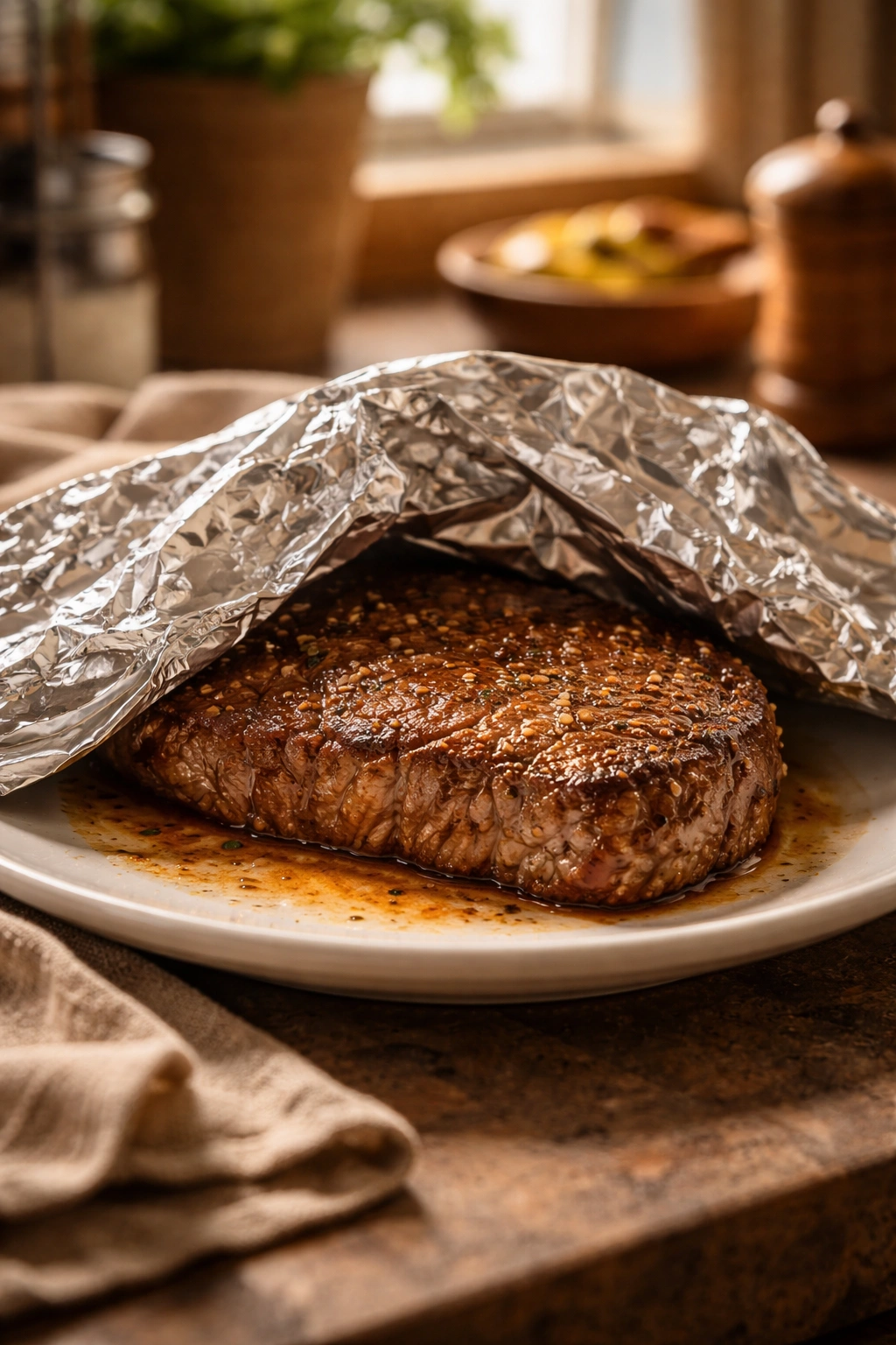 Resting steak on a warm plate with loose foil to retain juices
