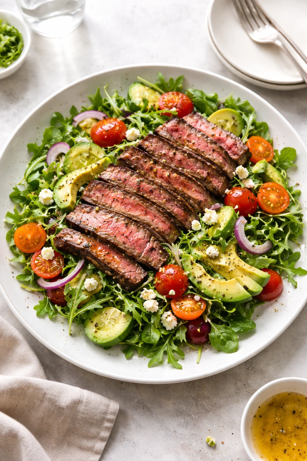 Polished steak salad on a white plate with beef, avocado, tomatoes, greens and cheese, drizzled vinaigrette.