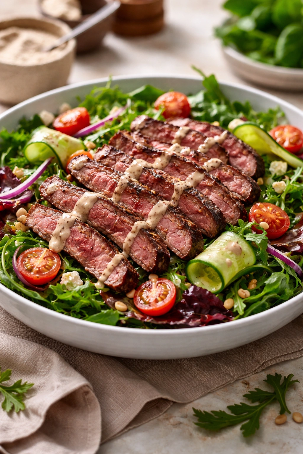 Plated steak salad with greens and balsamic dressing