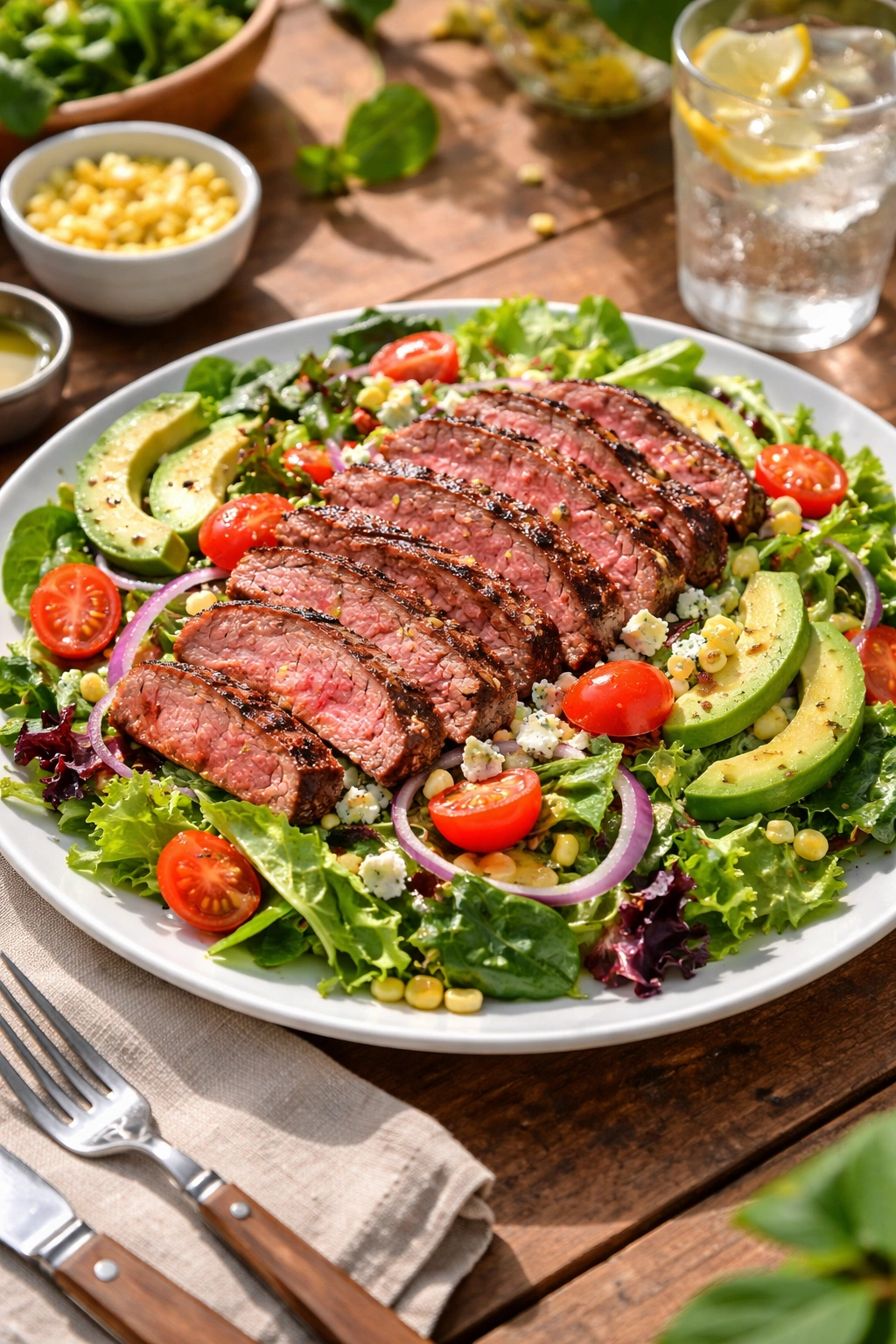 Close-up of plated grilled steak salad with greens, avocado, tomatoes, and blue cheese.