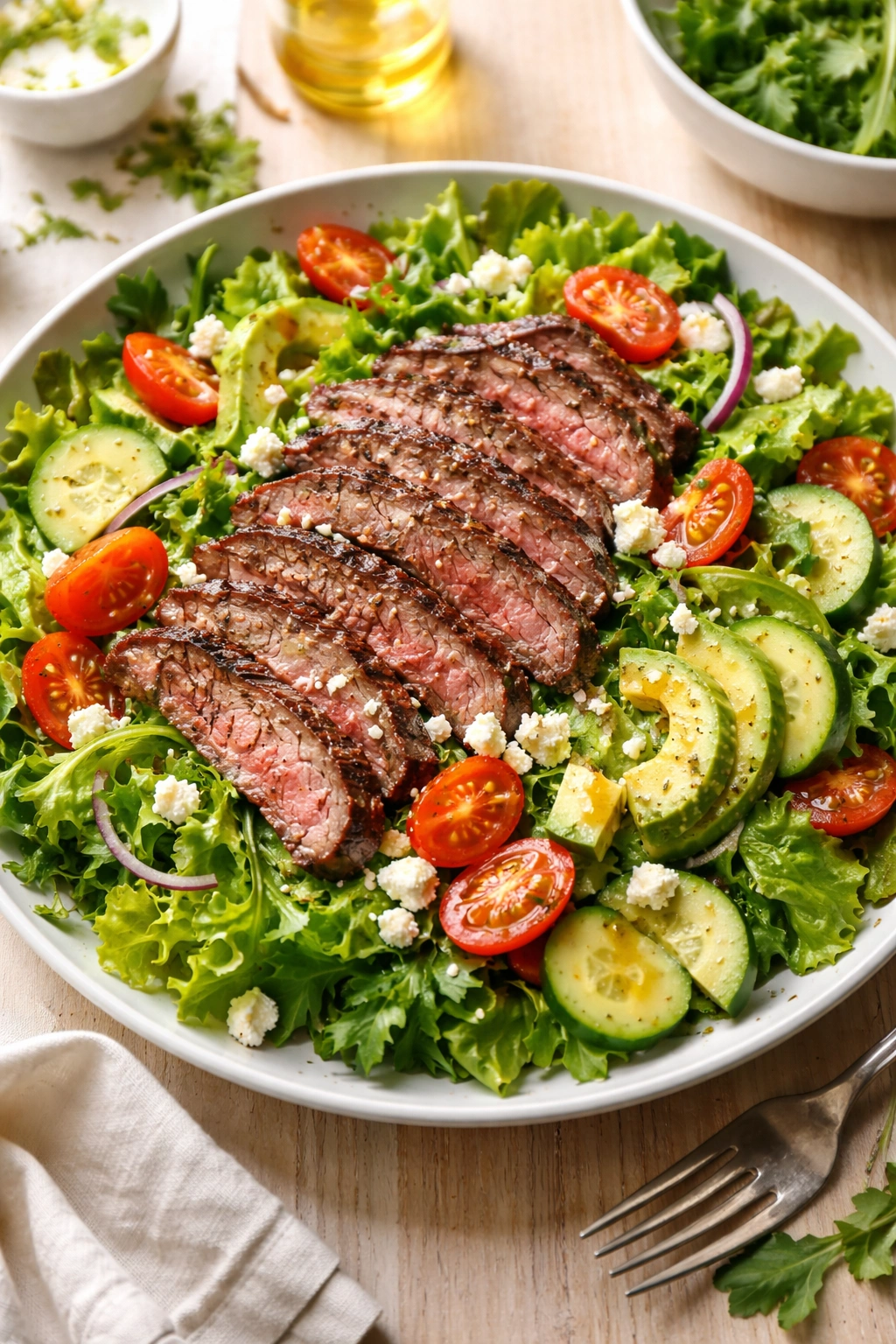 Plate of grilled steak salad with greens, tomatoes, avocado, and cucumber