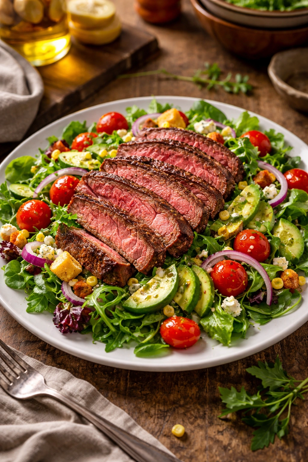 Plated steak salad with sliced steak over greens on a white plate