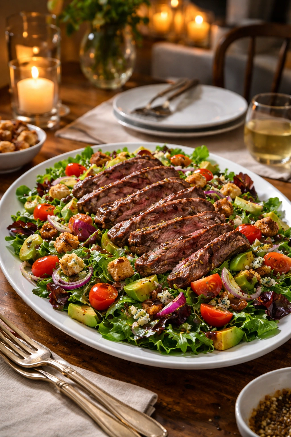 Platter of steak salad ready for serving with greens and toppings