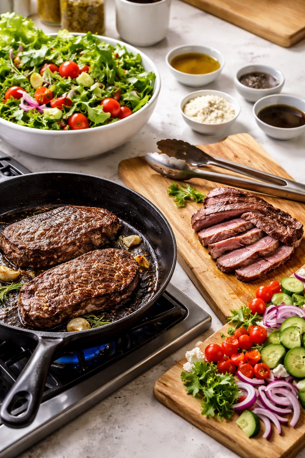 Kitchen scene with steak searing, greens, and tools illustrating common questions about steak salad.
